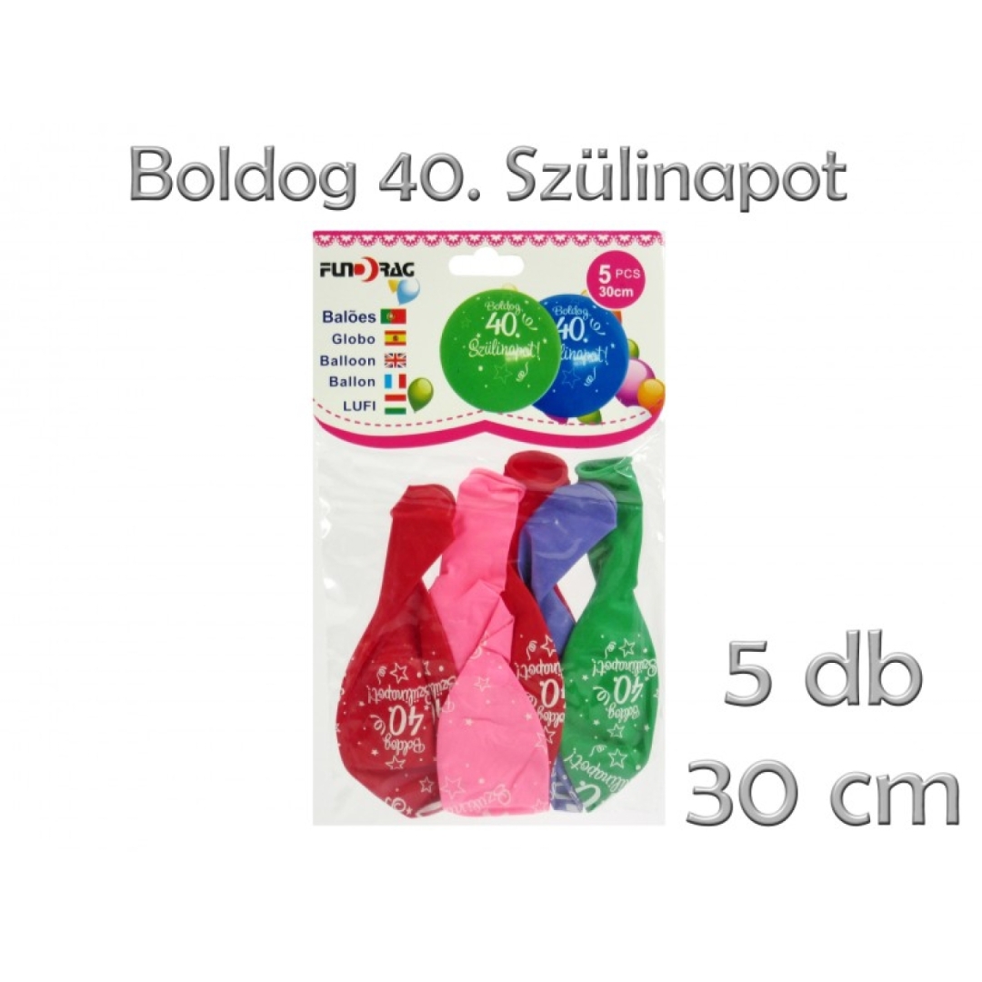 Lufi Boldog 40. Szülinapot színes 5db 30cm (0001049)